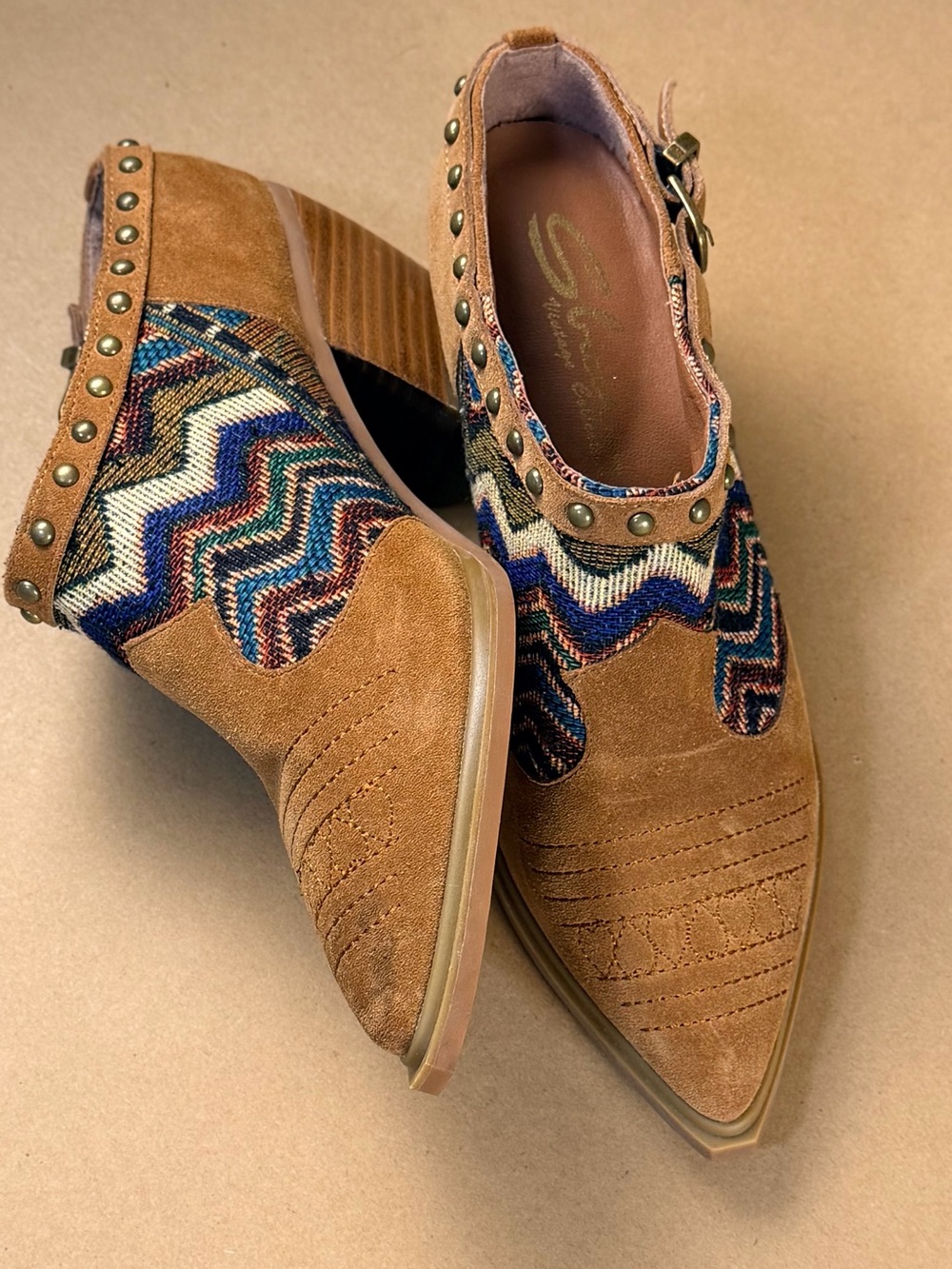 Sbicca Tan Suede Heeled Booties with Multicolor Chevron Inset - Picture 2 of 10